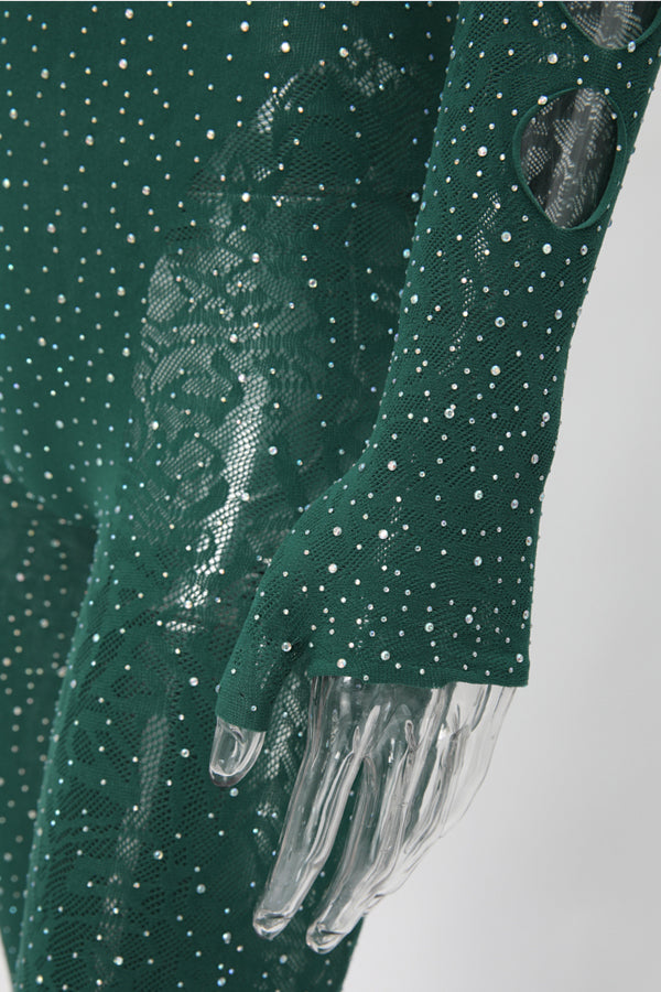 Green Asymmetrical Rhinestone Body Stocking