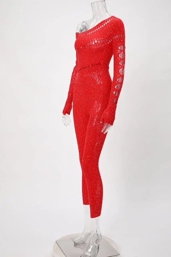Red Asymmetrical Rhinestone Body Stocking Lingerie Diva
