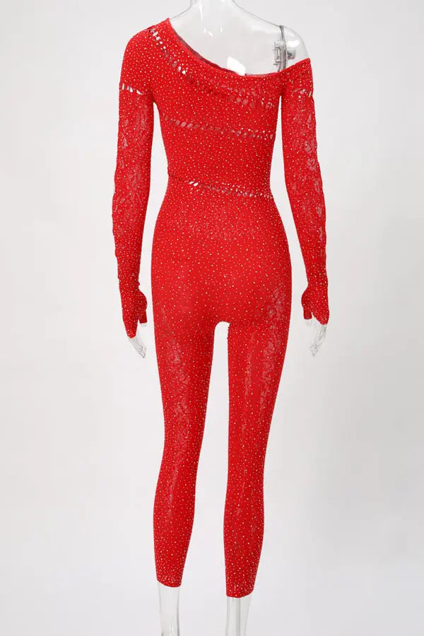 Red Asymmetrical Rhinestone Body Stocking Lingerie Diva