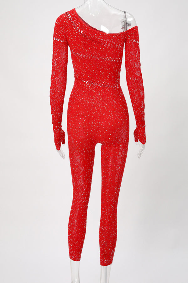 Red Asymmetrical Rhinestone Body Stocking