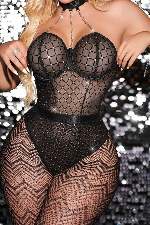 Black flocked diamond teddy with fishnet LingerieDiva