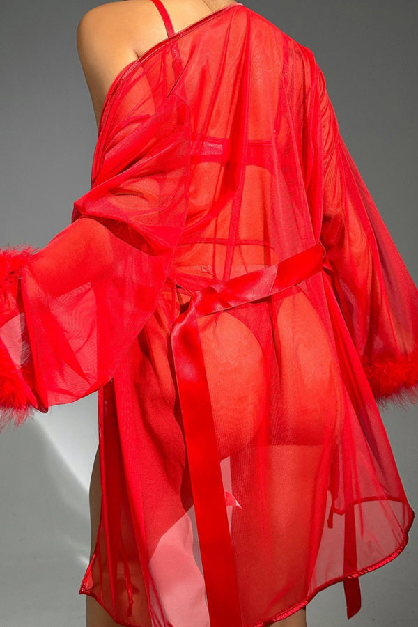 Red Heart Lace Bra, Panty and Robe Set