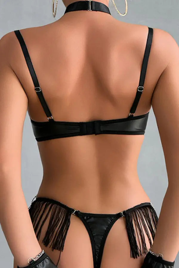 Daring Faux Leather and Fringe Teddy Lingerie Diva