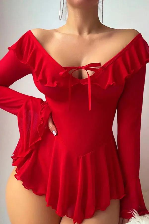 Red Romantic Off-Shoulder Babydoll Lingerie Diva