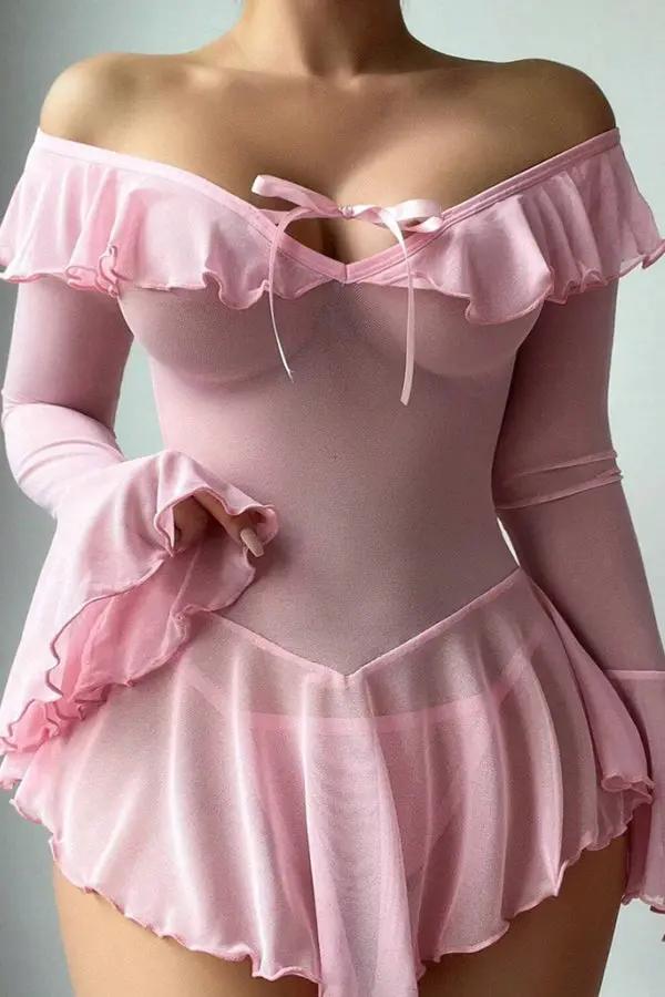 Pink Romantic Off-Shoulder Babydoll Lingerie Diva