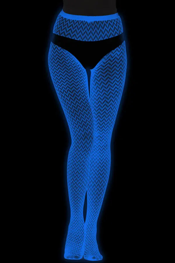 Glow-in-the-Dark Zigzag Tights UV Reactive Mesh Pantyhose Lingerie Diva