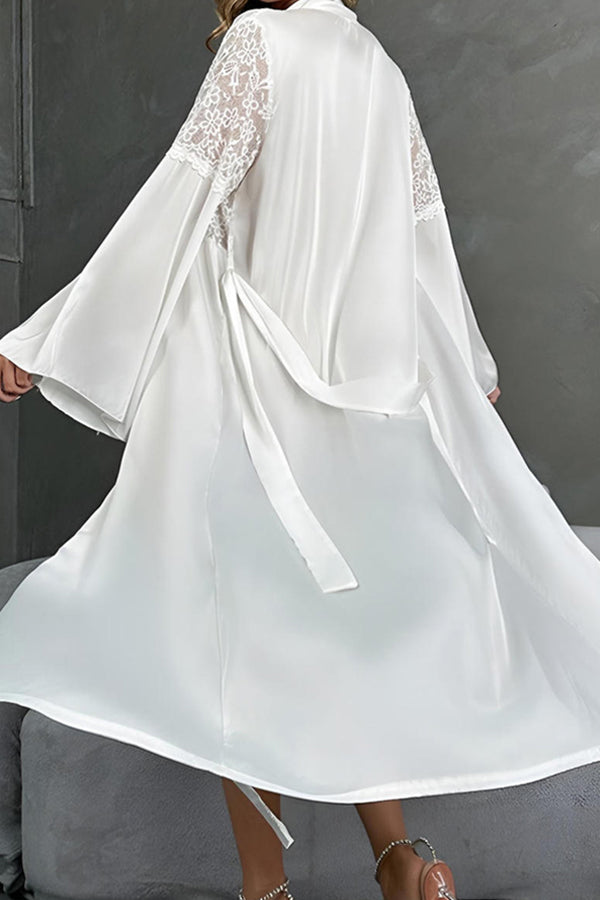 Long White Satin Robe with Lace Sleeves Lingerie Diva
