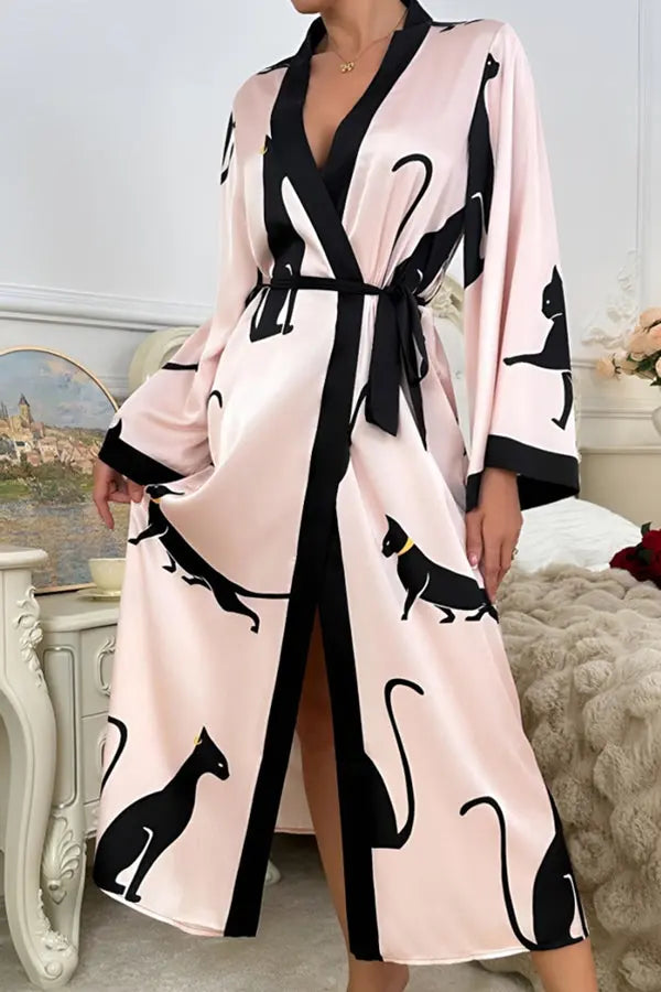 Satin Kimono Robe with Black Cat Print Lingerie Diva