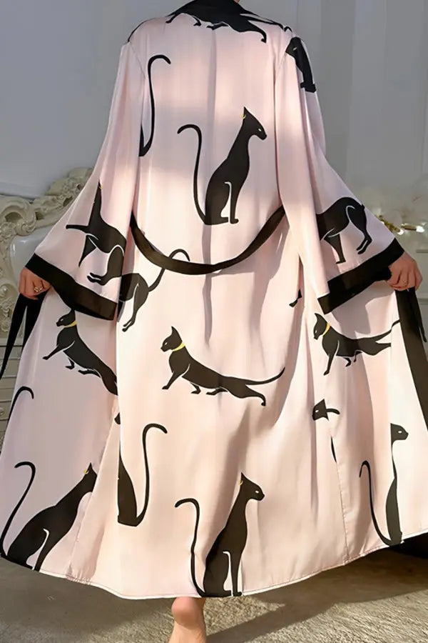 Satin Kimono Robe with Black Cat Print Lingerie Diva