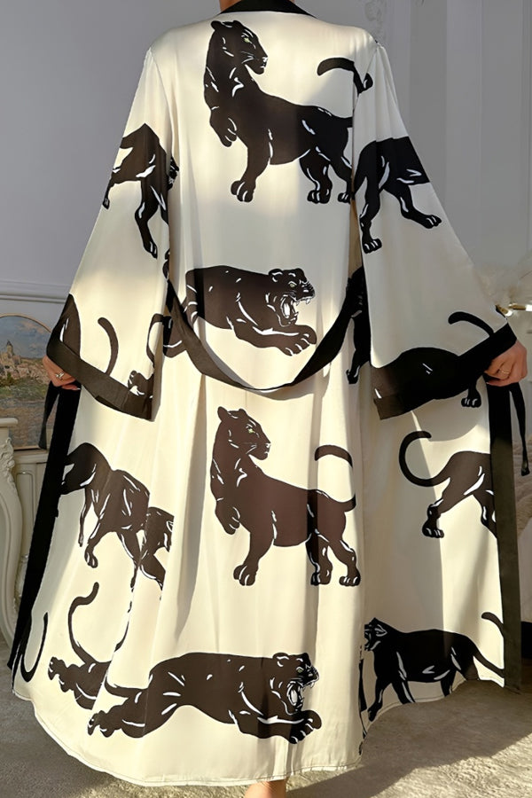 Black Panther Print Satin Kimono Robe