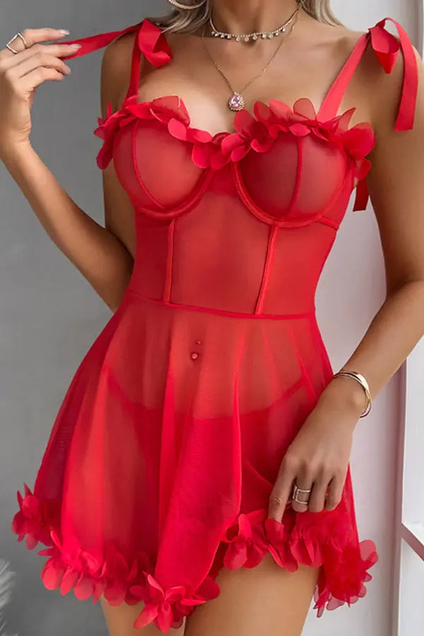 Red Mesh Babydoll with Flower Ruffle Trim Lingerie Diva