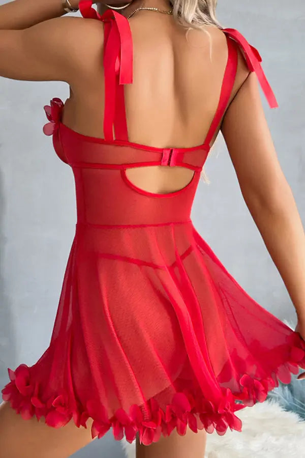 Red Mesh Babydoll with Flower Ruffle Trim Lingerie Diva