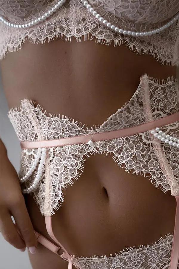 Elegant Lace and Pearl Lingerie Set with Garter Belt Lingerie Diva