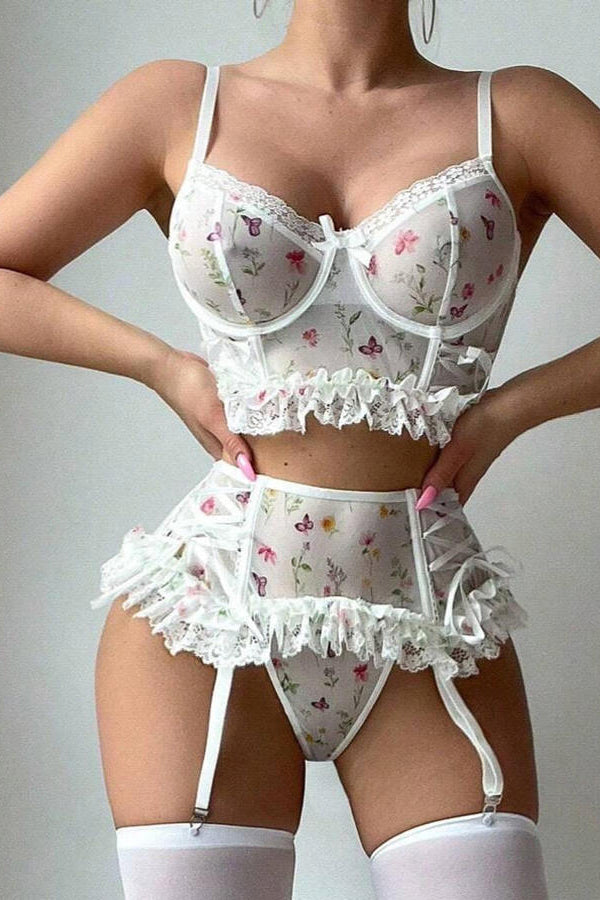 White Floral Lace Lingerie Set with Garter Belt Lingerie Diva