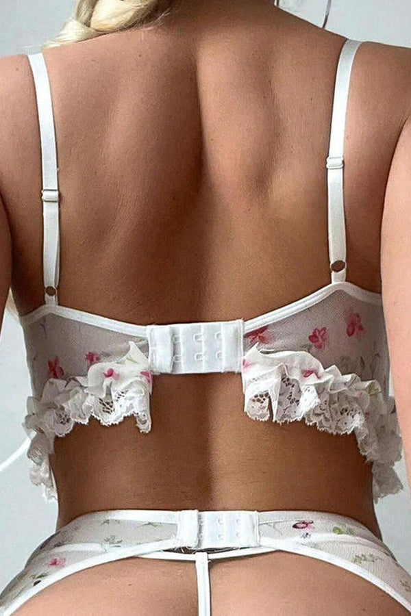 White Floral Lace Lingerie Set with Garter Belt Lingerie Diva
