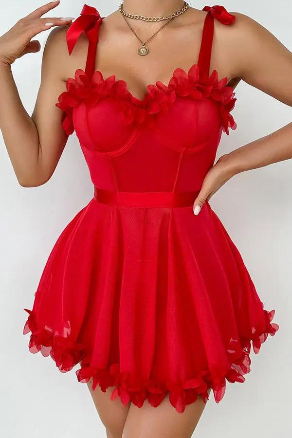 Red Floral Appliqué Mesh Mini Dress Lingerie Diva