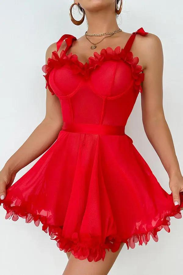 Red Floral Appliqué Mesh Mini Dress Lingerie Diva