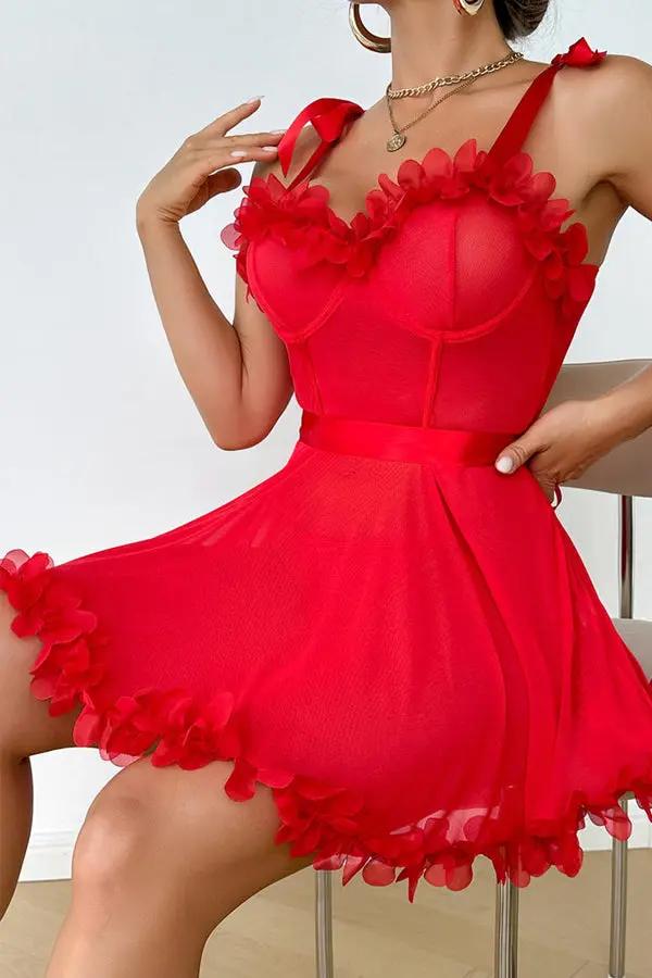 Red Floral Appliqué Mesh Mini Dress Lingerie Diva