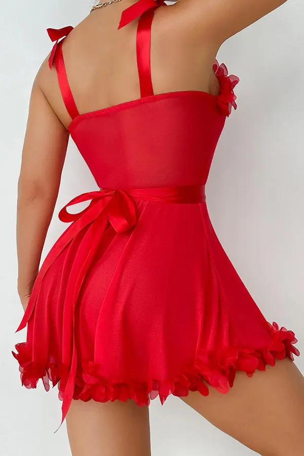 Red Floral Appliqué Mesh Mini Dress Lingerie Diva