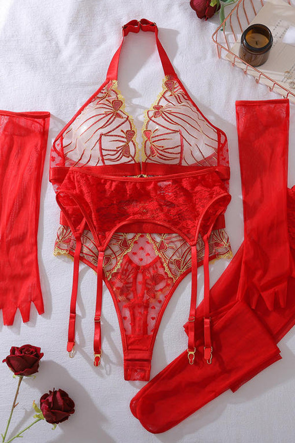 Red Lace Halter Teddy Bodysuit