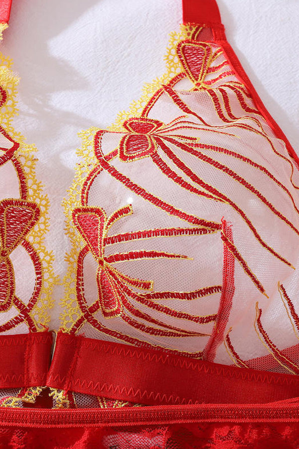 Red Lace Halter Teddy Bodysuit