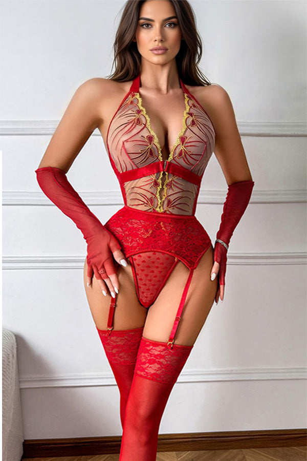 Red Lace Halter Teddy Bodysuit
