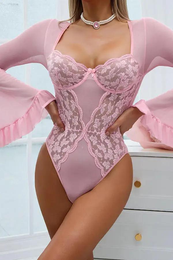 Romantic Pink Lace Mesh Bodysuit Lingerie Diva