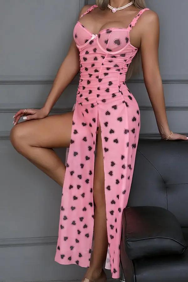 Sweetheart Pink Mesh Heart-Print Lingerie Dress LingerieDiva