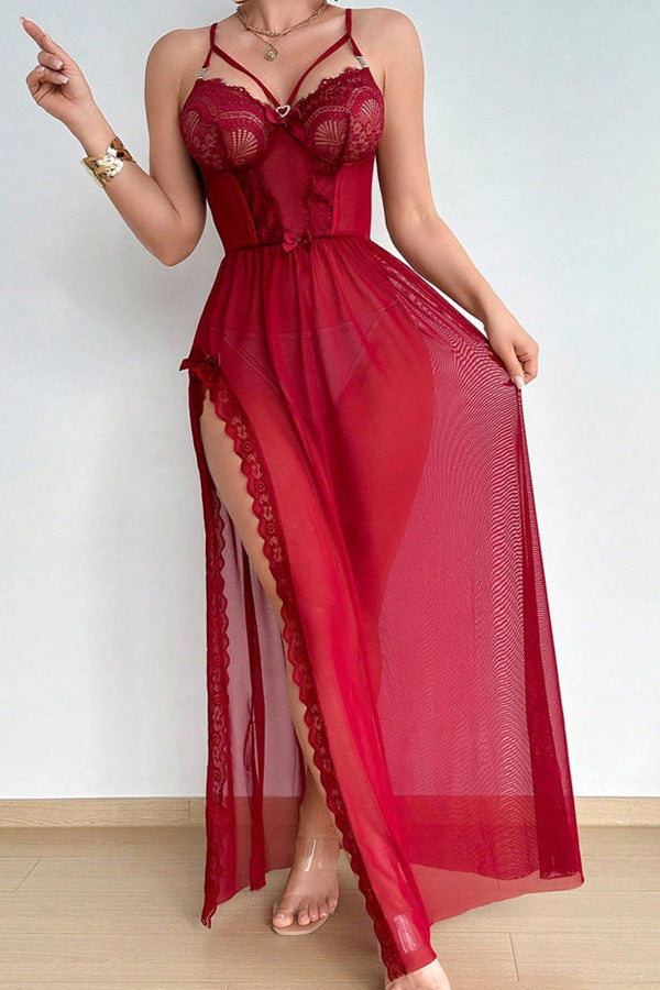 Red Sheer Mesh Maxi Dress Lingerie