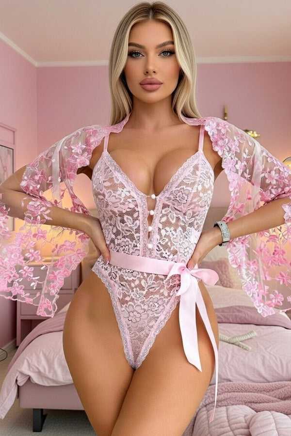 Pink Floral Lace Teddy Bodysuit