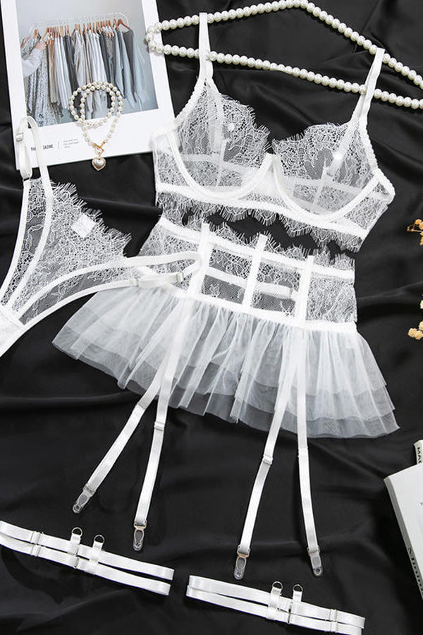 White Lace Bra Garter Lingerie Set