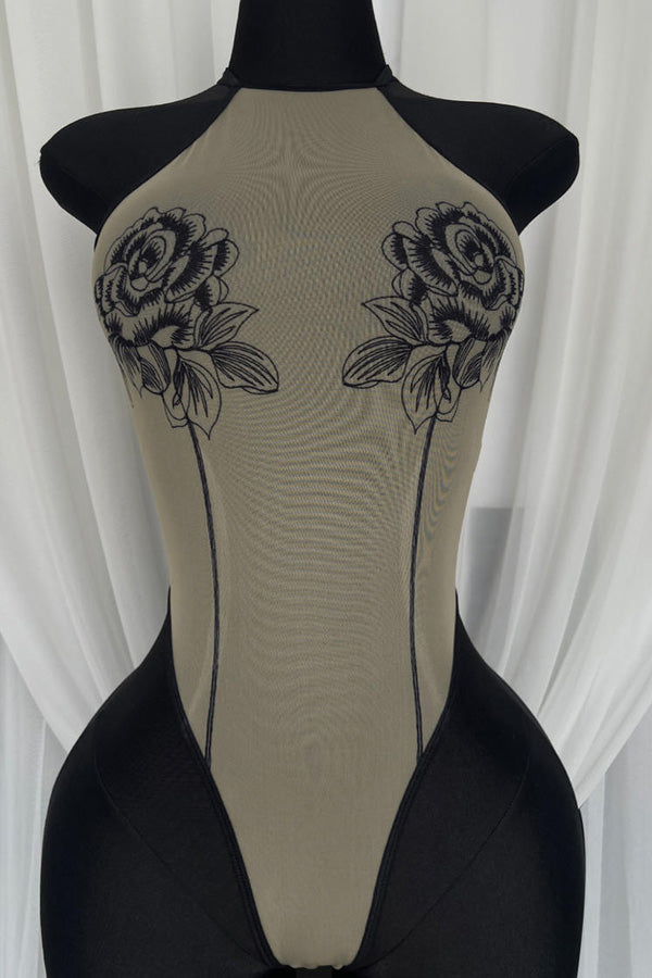 Sheer Mesh Rose Halter Bodysuit