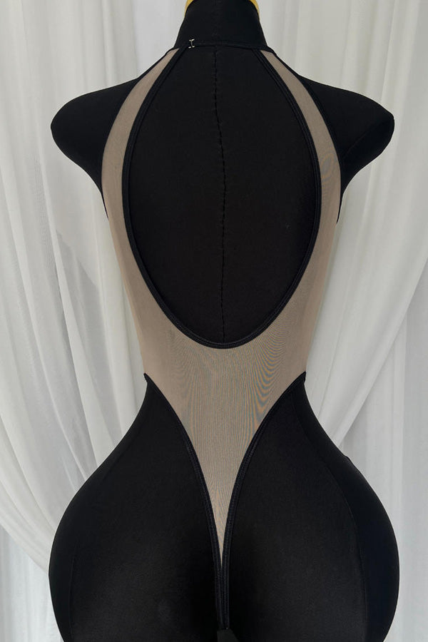 Sheer Mesh Rose Halter Bodysuit