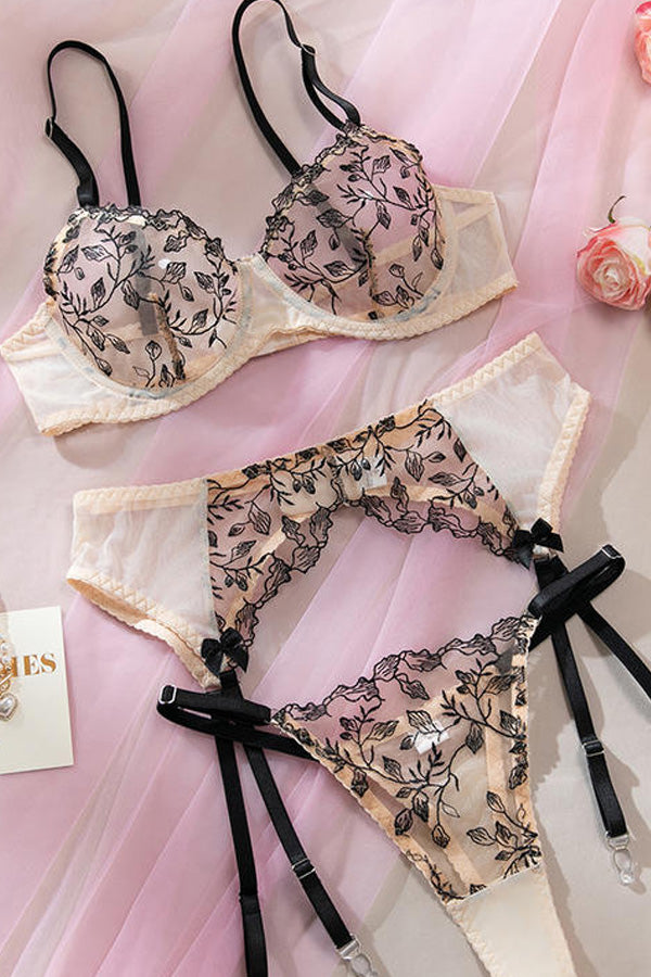 Sexy Black and Ivory Floral Lace Lingerie Set