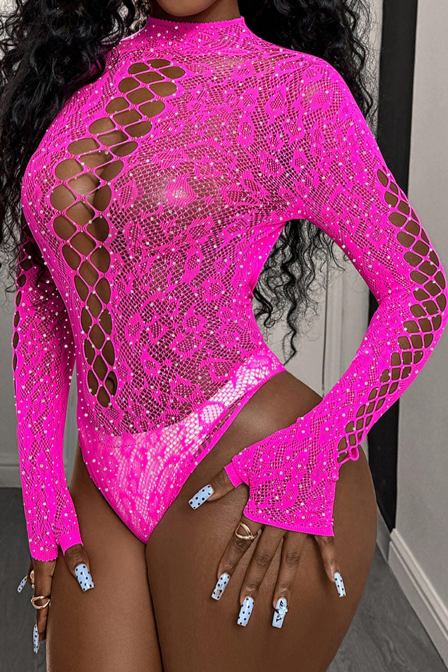 Magenta Rhinestone Lace Up Front Fishnet Bodysuit