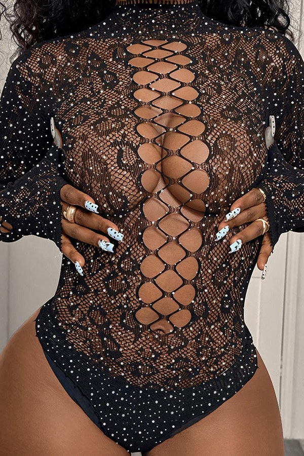 Black Rhinestone Lace Up Front Fishnet Bodysuit
