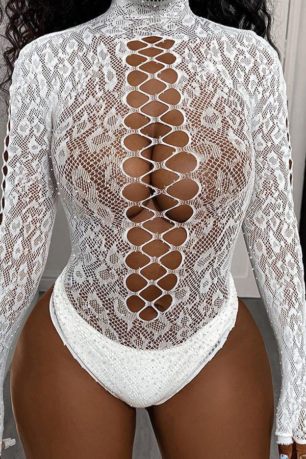 White Rhinestone Lace Up Front Fishnet Bodysuit