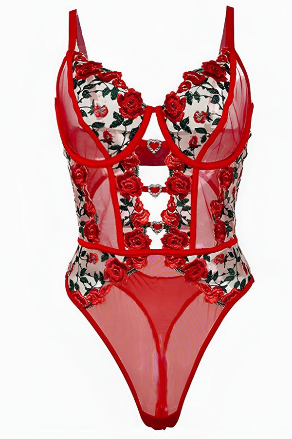 Red Rose Floral Lace Teddy Bodysuit