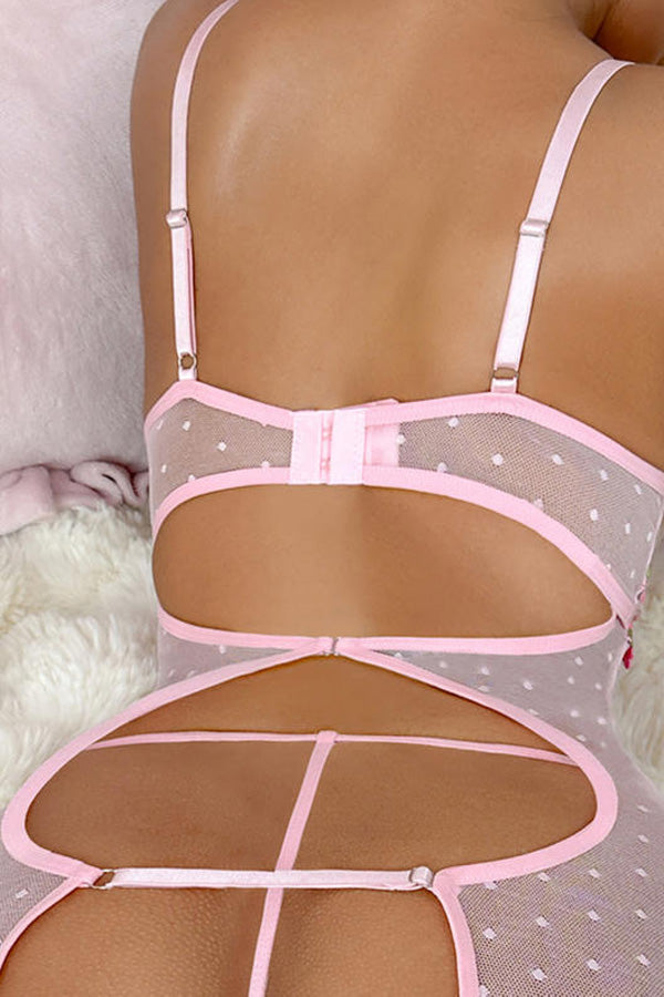 Pink Floral Embroidered Sheer Mesh Chemise