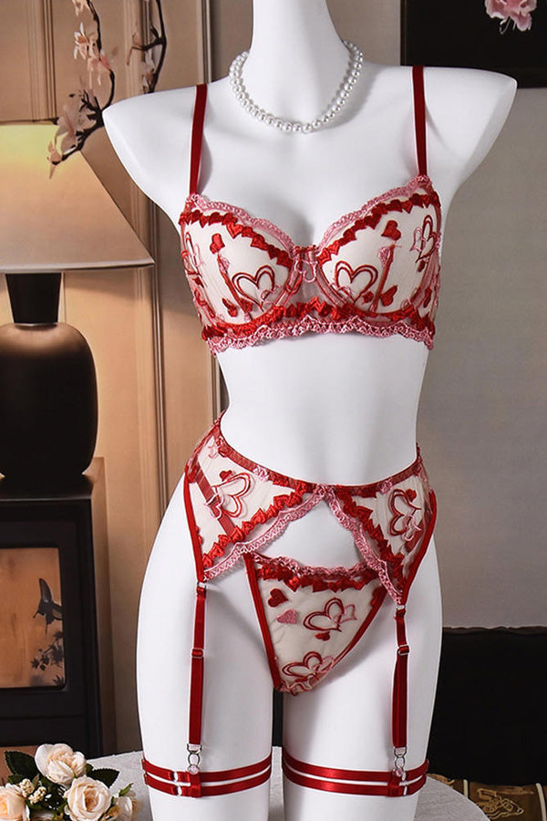 Red Heart Embroidered Sheer Mesh Lingerie Set