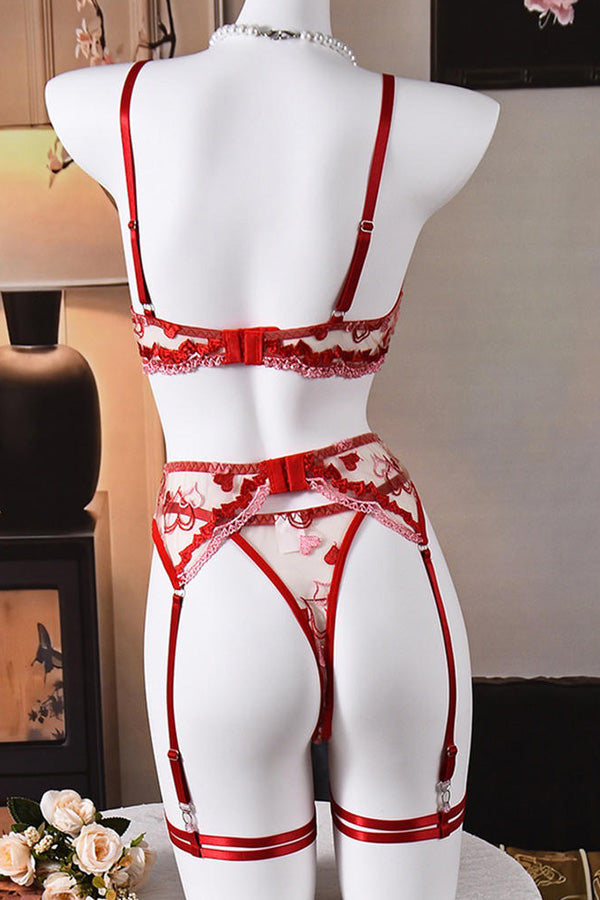 Red Heart Embroidered Sheer Mesh Lingerie Set