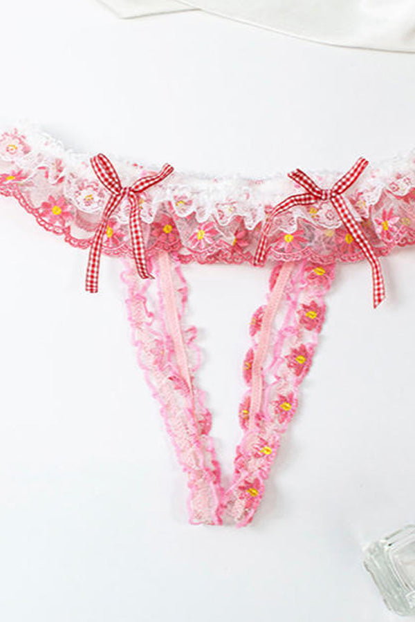 Pink Floral Lace Crotchless Thong Panties