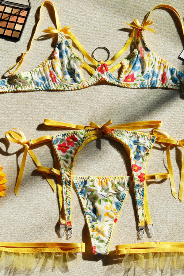 Floral Yellow Strappy Lingerie Set