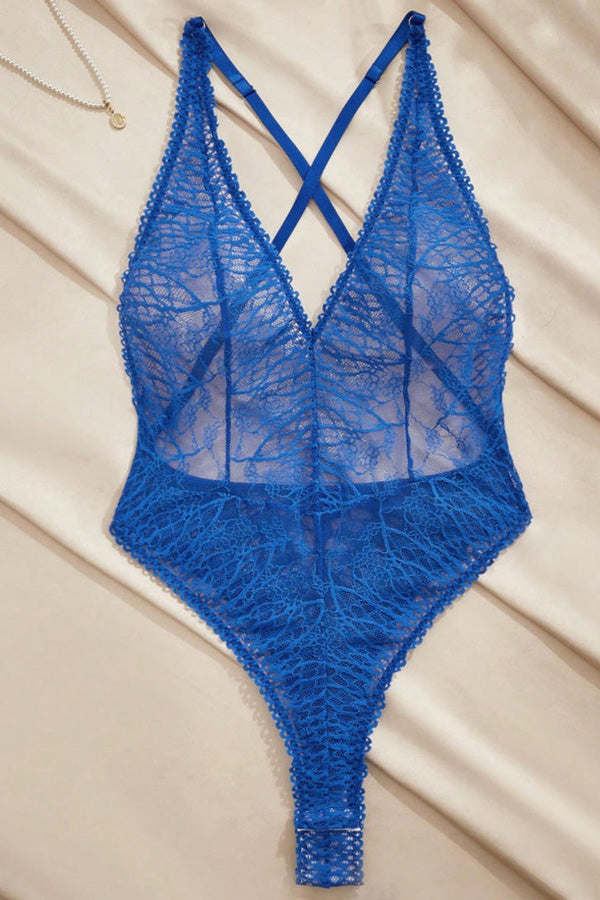 Sexy Blue Lace Halter Teddy Bodysuit