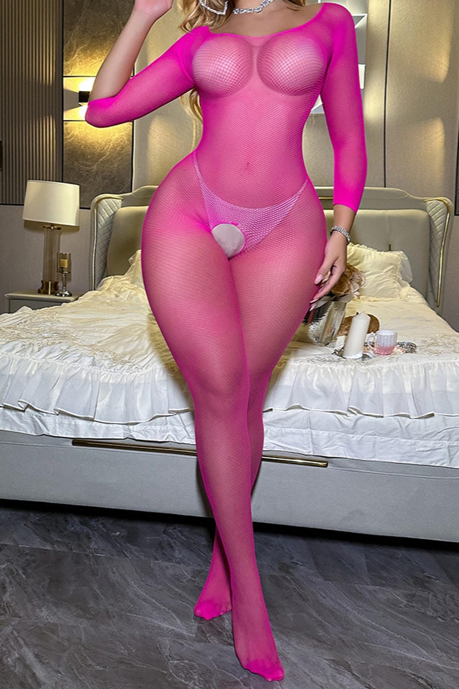 Full Body Magenta Crotchless Fishnet Bodystocking