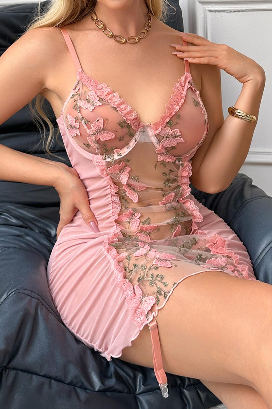 Sheer Pink Butterfly Embroidered Mesh Chemise Babydoll