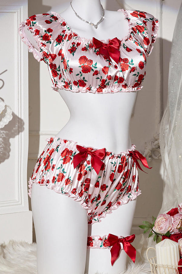 Red Rose Floral Satin Lingerie Set