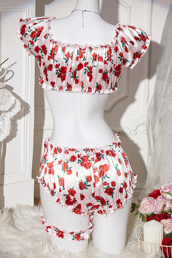 Red Rose Floral Satin Lingerie Set
