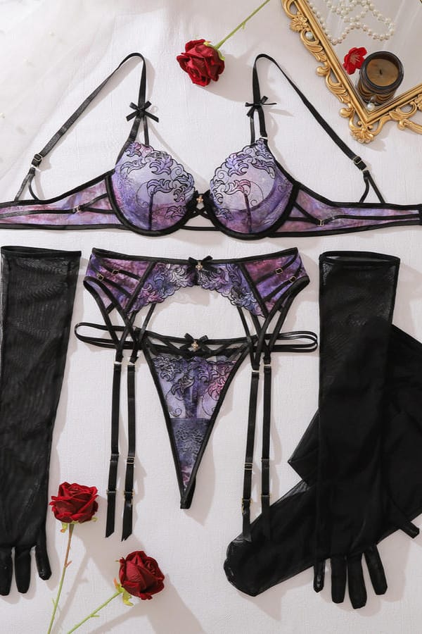 Purple Floral Lace Push Up Bra Garter Thong Set