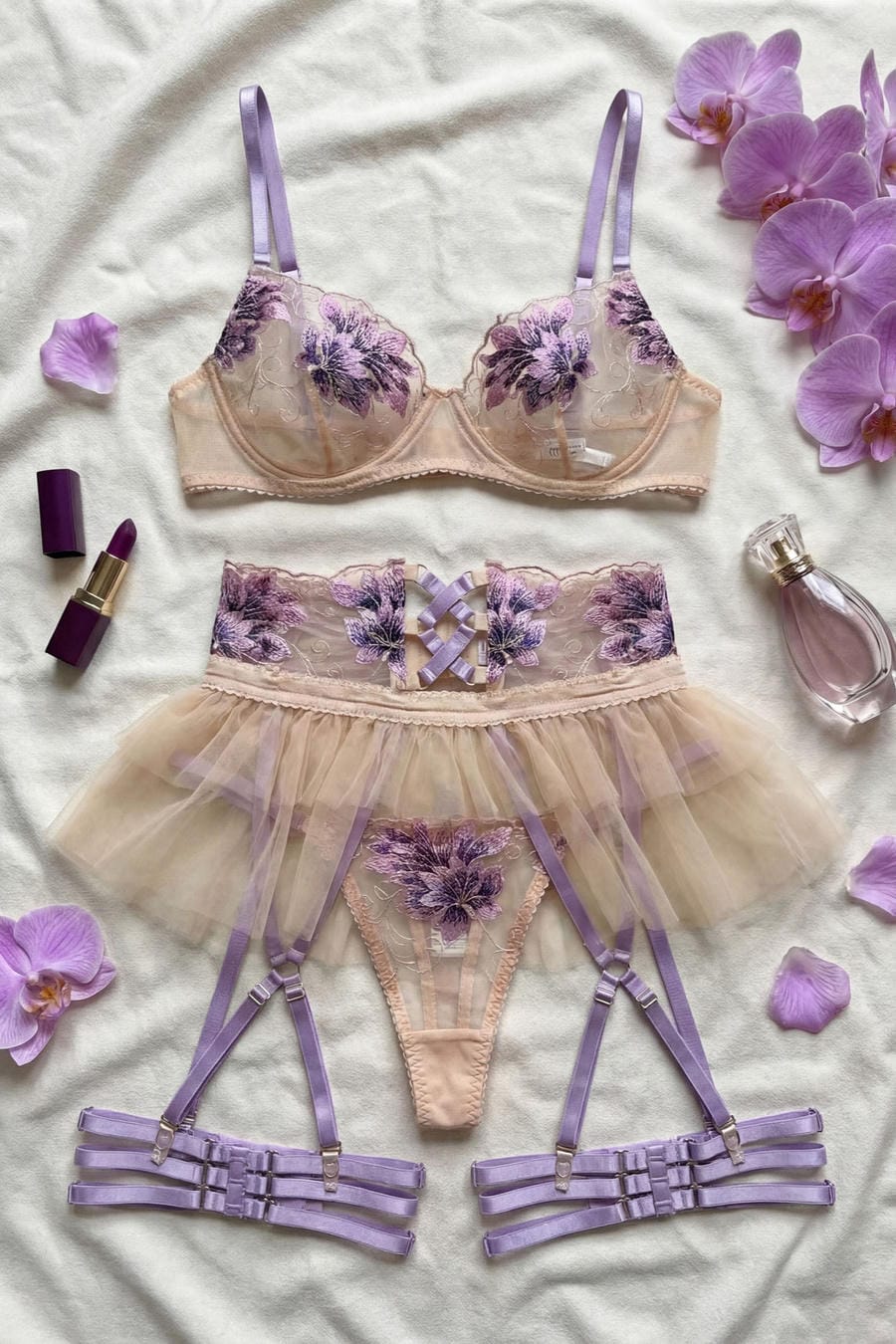 Sheer Mesh Floral Embroidered Bra Set